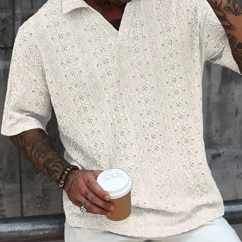 Men's Casual Style Polo Shirt, Collared Polo Shirts, Summer Clothing, Bohemian Textured Jacquard Fabric Collared Shirt, Perfect for Holidays, Beach & Vacations, Breathable Relaxed Fit Top