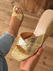 Metallic Heeled Sandals, Crocodile Texture, Open Toe, Comfortable Heel, Casual Luxe, Daily Glamour, Square Toe, Cross Strap Design