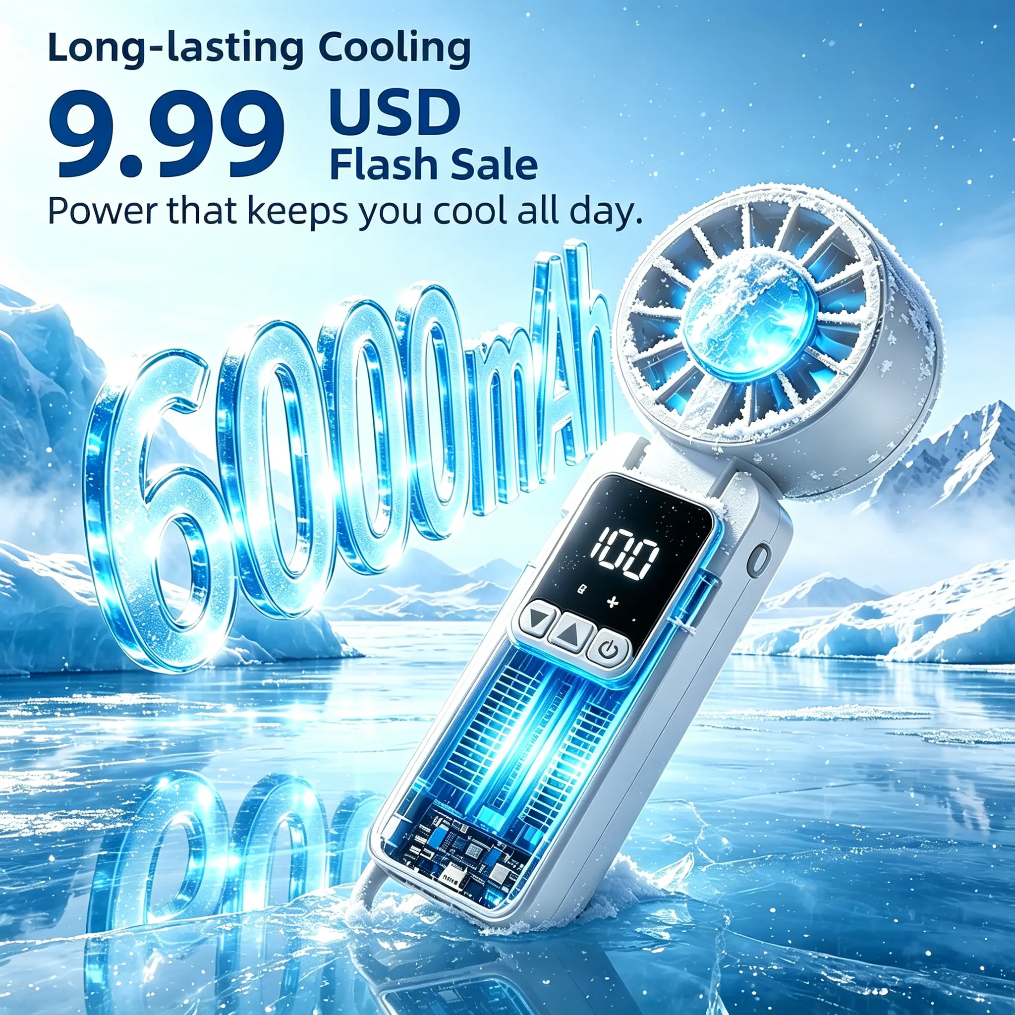 【DealsForYou】Mini Portable Cooling Fan, Turbo Handheld Design, 199 Adjustable Speeds, 6000mAh Rechargeable USB Type-C, Digital Battery Indicator, Press-and-Hold Speed Adjustment, White Elephant Gift for Travel Beach