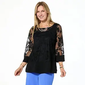 Nina Leonard Embroidered Mesh Knit 3/4-Sleeve Tunic