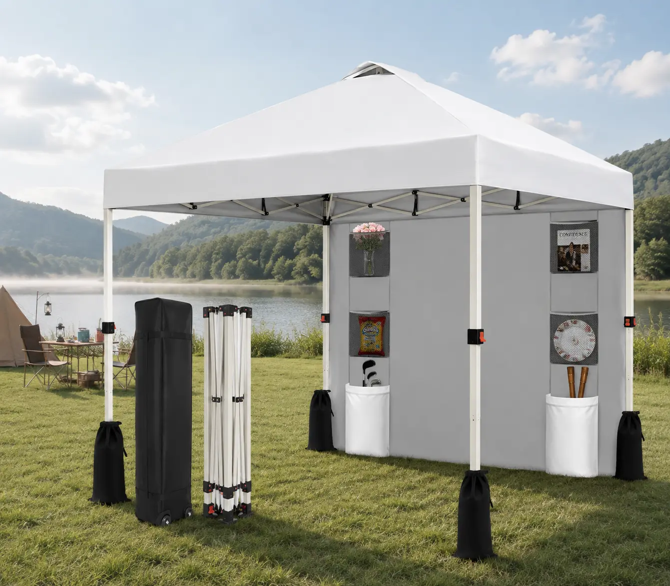SUNSPIRE 10x10 Pop Up Canopy Tent 1 Sidewall with Pocket, Instant Portable Shelter with 1-Button Push Setup, Adjustable Height, 4 Weight Bags & Roller Carry Bag, Outdoor Sun Shade for Camping, Party & Events