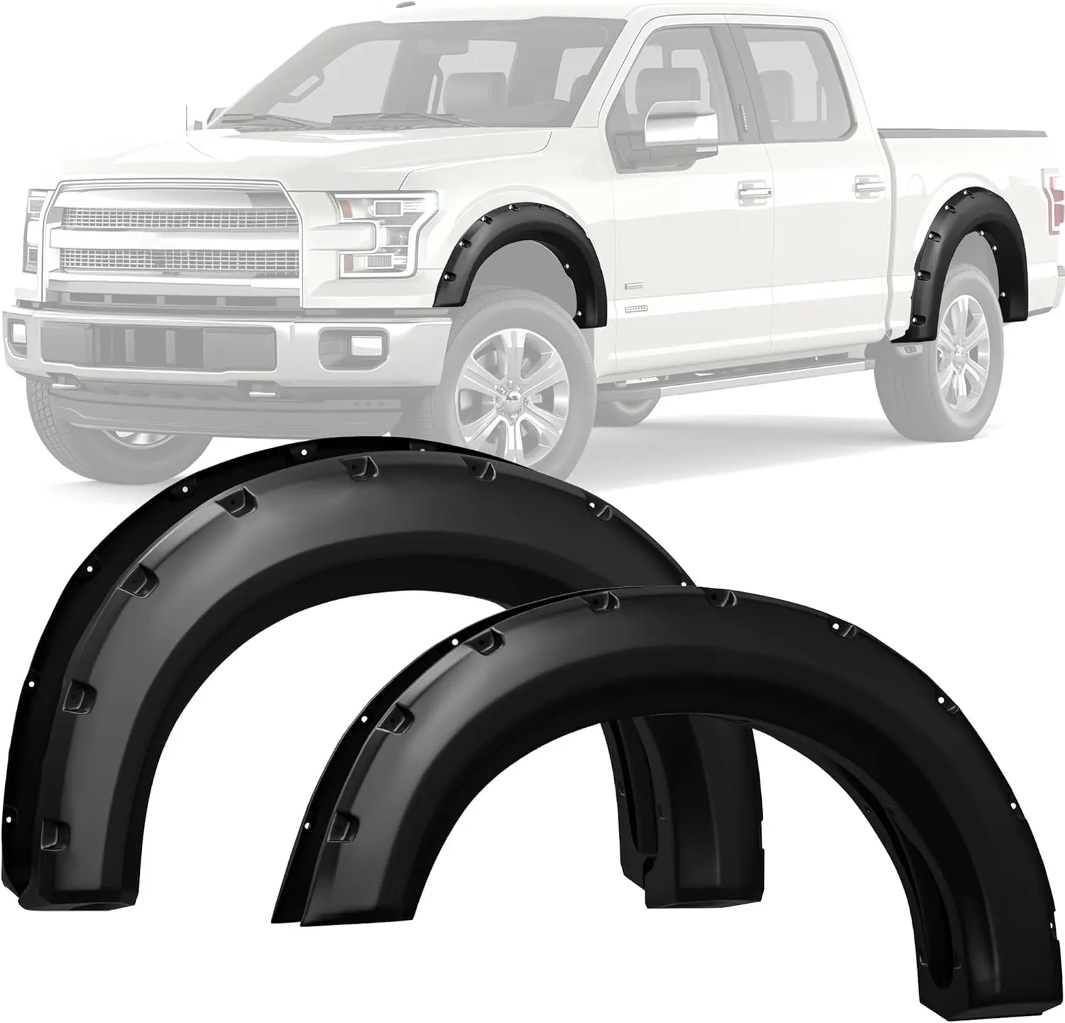 YITAMOTOR Fender Flares Replacement for 2009-2014 Ford F-150 F150, Front & Rear Fender Set, Smooth Black Finish Pocket Rivet Style (Not Fit Raptor) Chrome Eyebrow Headlight Trim Cover