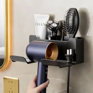 Blow Dryer Rack Storage Shelf, Bathroom Wall-Mounted Organizer, No-Drill Self-Adhesive Blow Dryer Holder, Adhesive Hanging Storage Rack