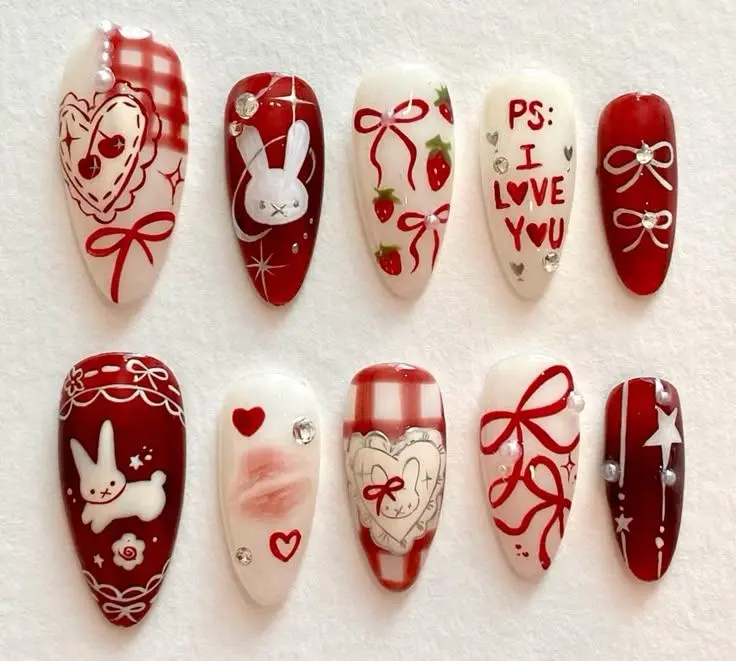 Valentine Bunny Press On Nails | Red White Rabbit Heart Bow Plaid Pearl Y2K Almond Handmade Nail Art with Gift Set (Adhesive Tabs, Nail File, Cuticle Stick)