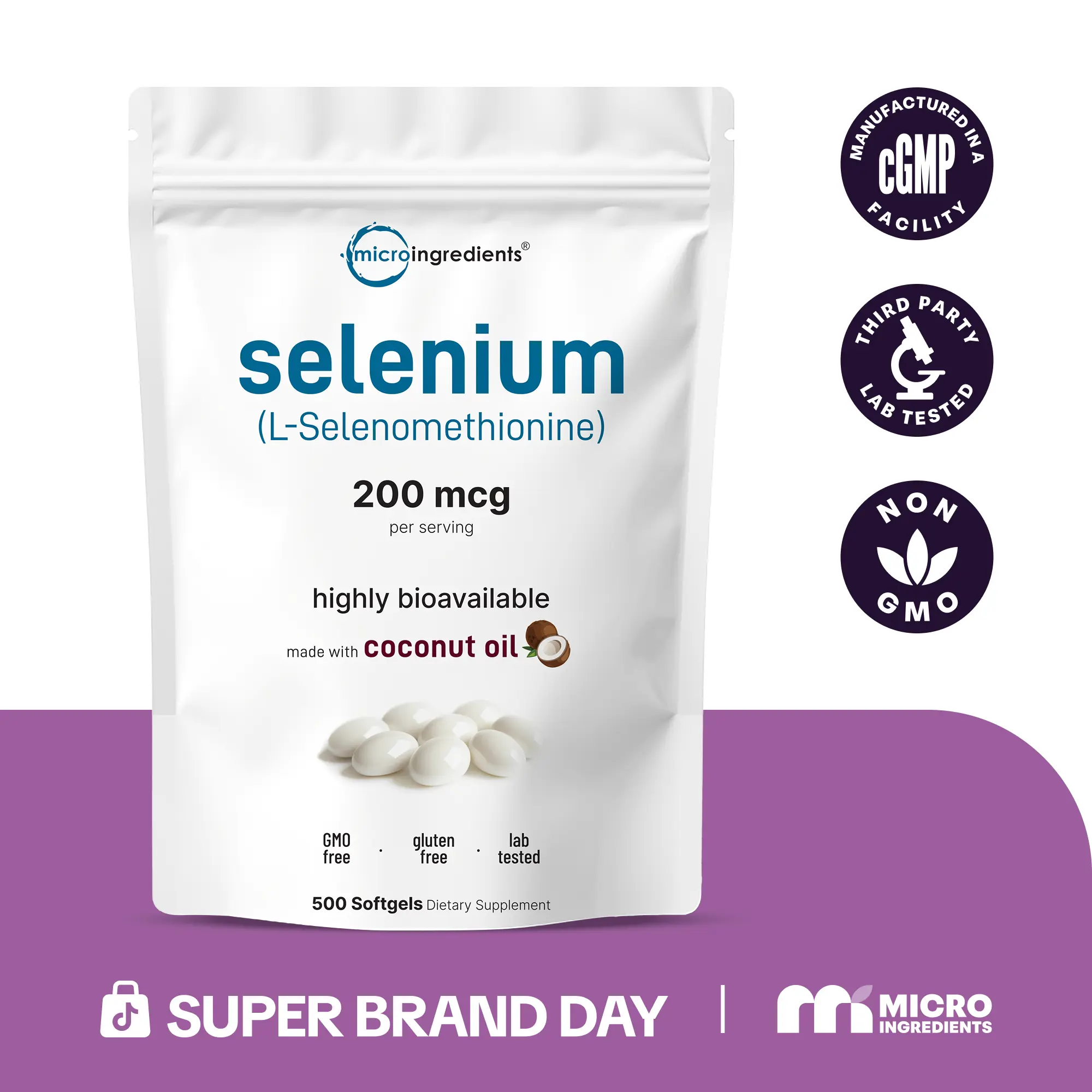 Micro Ingredients Selenium Supplement 200mcg, 500 Softgels with Coconut Oil