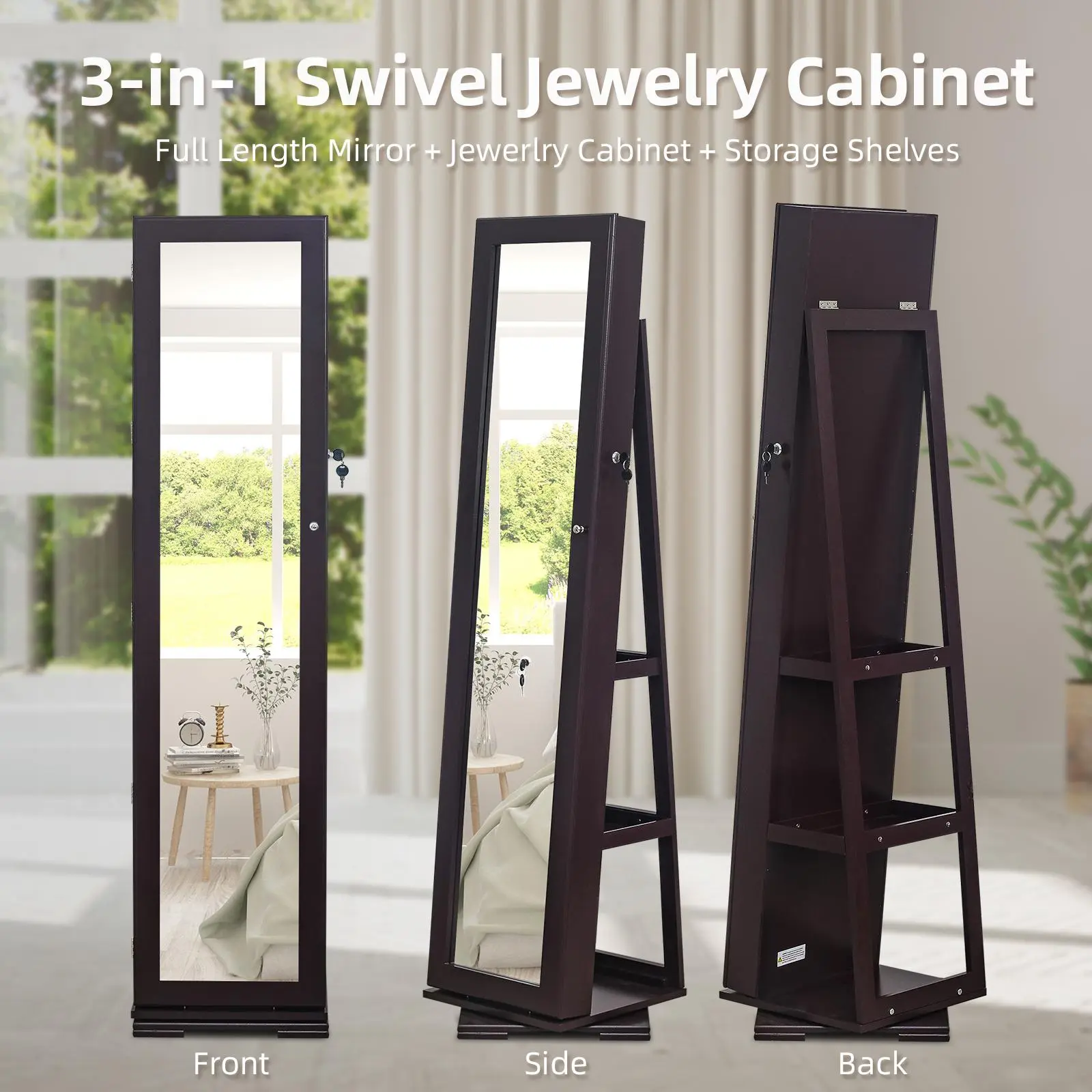 Non-comprehensive mirror floor-standing rectangular base with 5 layers of storage inside, including 3 layers of storage on the back of the mirror that can rotate. Made of wood, painted, brown. Decorative mirror cabinet. 40*40*160cm