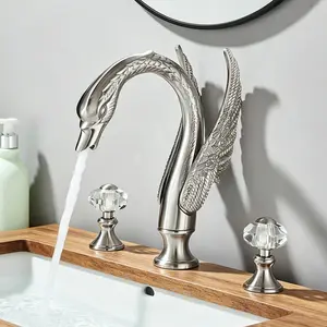 Brushed Nickel Swan Bathroom Faucet for Sink 3 Hole Widespread Bathroom Sink Faucets with Supply Lines Stainless Steel 2-Handle Waterfall Bathroom Sink Faucet for Bath Vanity