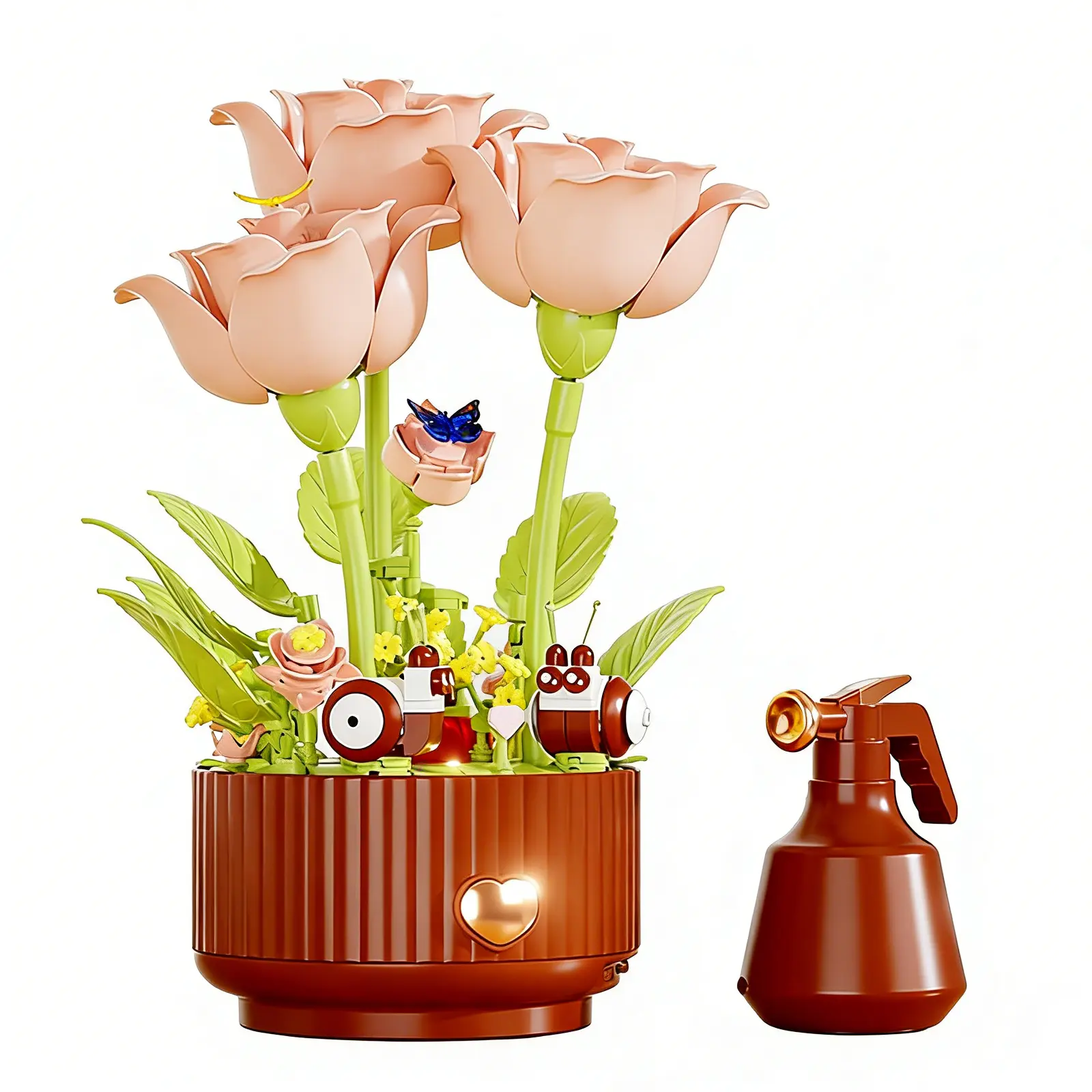 LED Light Up Artificial Roses Bouquet Building Set - Decorative Eternal Flower Bouquet, Forever Flower Pot with Sprayer, DIY Centerpiece Gift for Desk Decor, Rose Flower Arrangement Party Gifts