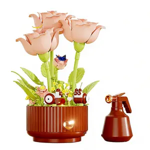 LED Light Up Roses Flower Bouquet Building Set - Forever Flower Pot with Sprayer, DIY Everlasting Bouquet Desk Decor
