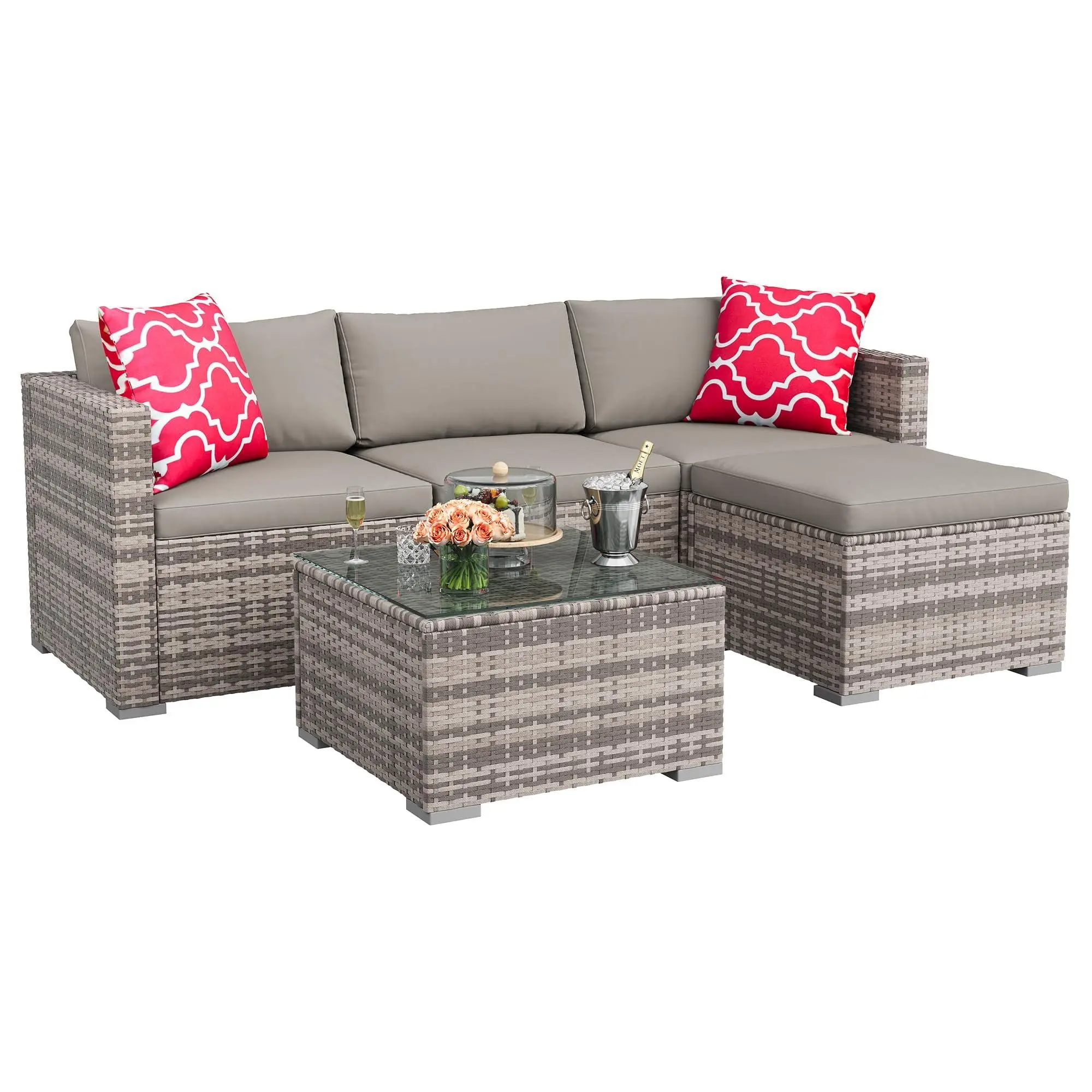 5 Piece Patio Sectional Set, Outdoor Gradient Gray Wicker Sofa Furniture with Light Gray Cushions, L-Shaped Rattan Couch and Tempered Glass Table for Deck Backyard Garden Lawn,light Gray+red