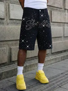 Men's Summer Rhinestone Letter Loose Straight Denim Shorts, Casual Relaxed Shorts, Casual Mid Waist Fitted Jeans with Pockets, Drawstring Waist, Plain Pattern, Casual Streetwear Shorts