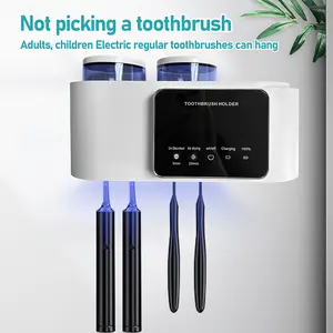 A Smart Wall-Mounted Toothbrush Sterilizer Holder with Water Cup, USB Powered, One-Button Sterilization and Drying, No Drilling Installation Required, Modern Bathroom Accessory, Fragrance-Free, Rechargeable Lithium Battery