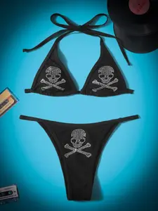 Tina Nico Grunge Punk Skull Rhinestone Bikini Set Triangle Bra & Thong Bottom 2 Piece Gothic Bathing Suit,Summer Beach