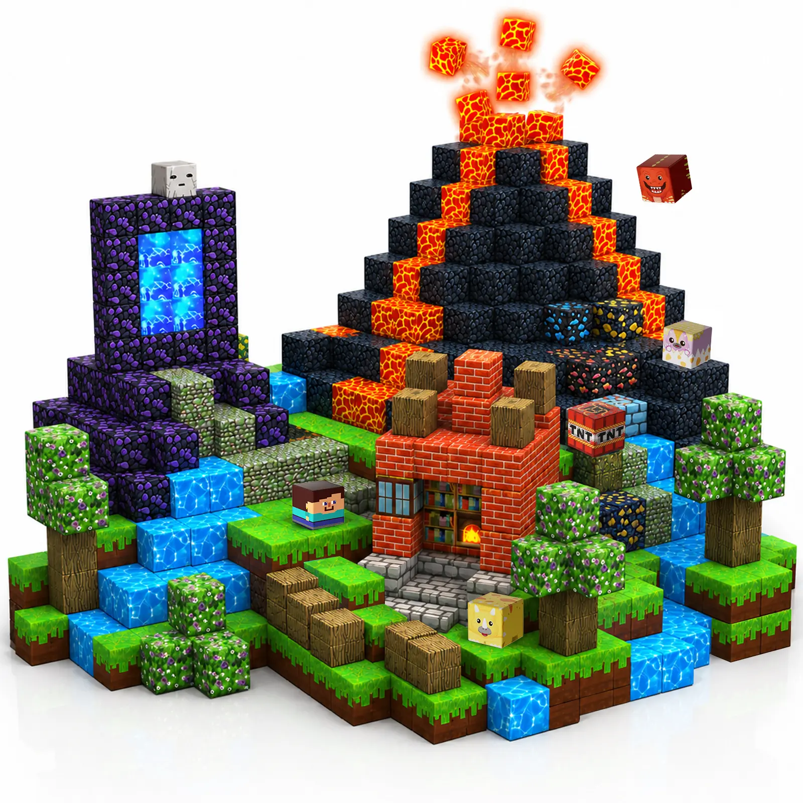 Magnetopia Vibrant Colorful Magnetic Building Block Sets - 150 PCS Dinosaur Volcano Forest Castle Set with Light-Up Blocks, Kids STEM Construction Stacking Toy for Toddlers 3+, Cool Gifts for Kids, Back to School Stuffers