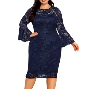 Holipick Women's Plus Size Lace Bell Sleeve Dress Wedding Guest Cocktail Party Elegant Dresses