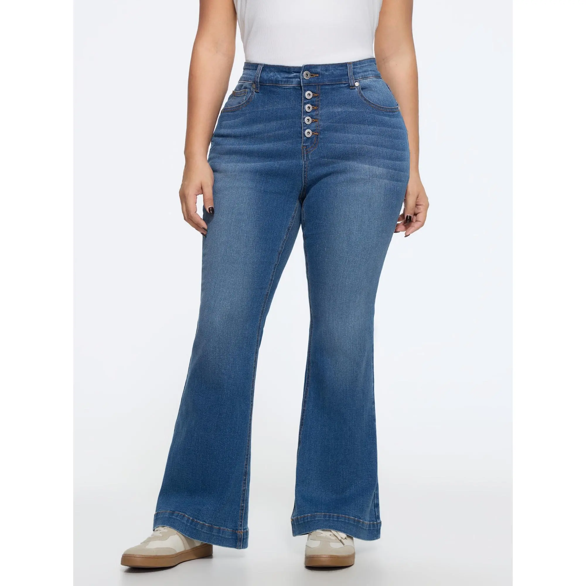 BloomChic Plus Size High Waist Flare Jean Bottoms, Stretchy Spandex Fabric Garment with a Tall Fit and Multi-Button Detail, Jean Pants, Button Front, Flared Legs