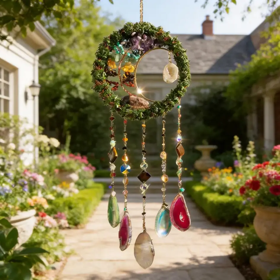 Handmade Agate Slice Crystal Wind Chimes (61.5cm) - Boho Magic Suncatcher Prism Rainbow Maker, Agate Crystals Ornament for Indoor-Outdoor Window Garden Tree, Calming Sounds Spiritual Gift for Women, Both Indoors Out