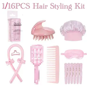 Complete Hair Styling Grooming Kit, Detangling Brush & Wide-Tooth Comb Set with Satin Bonnet, Curling Rods, Shampoo Brush & Hair Clips, All-in-One Professional Hair Care Gift Set for Wet & Dry Hair, Salon & Daily Use（ 1/16PCS ）