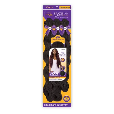 Outre Premium Purple Pack Brazilian Boutique Body Wave Human Hair Blend Extensions, 3 Bundles with 4-Inch Deep Lace Part Closure, 26" 28" 30", Hair Wefts Extensions, Human Hair Extensions