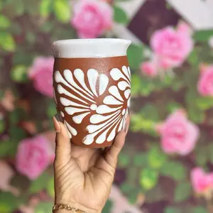 Engove Cantarito Relieve Mediano Color Terracotta with White Floral Design Ceramic Mug Kitchen Utensils