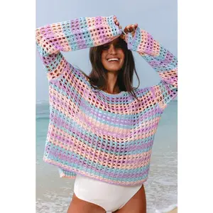 Stripe Open-Knit Beach Cover-Up Sweater