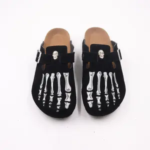 Edgy Black Suede Clogs with Skeleton Foot & Skull Details, Punk Gothic Slip-On Shoes for Men, Y2K Streetwear Footwear
