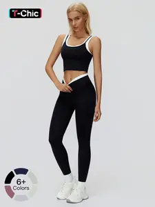 Women's 2-Piece Colorblock Yoga Set, High-Waisted Ribbed Casual Fitness Sportswear, Versatile Gym Workout Outfit, Athleisure Wear Set, Yoga Gym Outfits