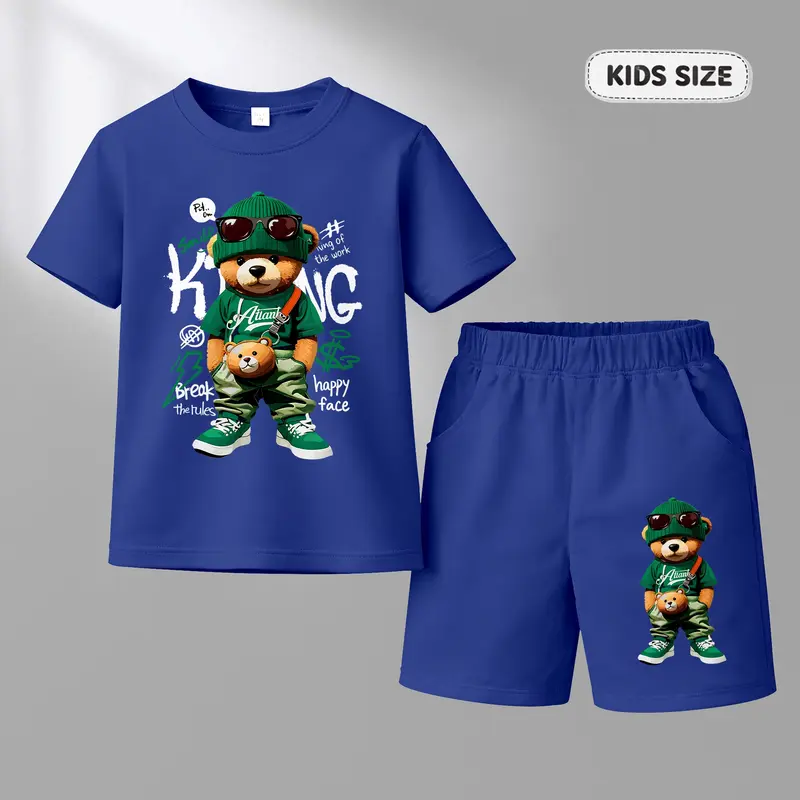 Boys' Street Style Cartoon Bear Print Short-Sleeved T-Shirt And Shorts Set, Casual Children's Summer Clothing, Comfortable Round-Neck Outfit, Suitable For Everyday Wear And Outdoor Activities.
