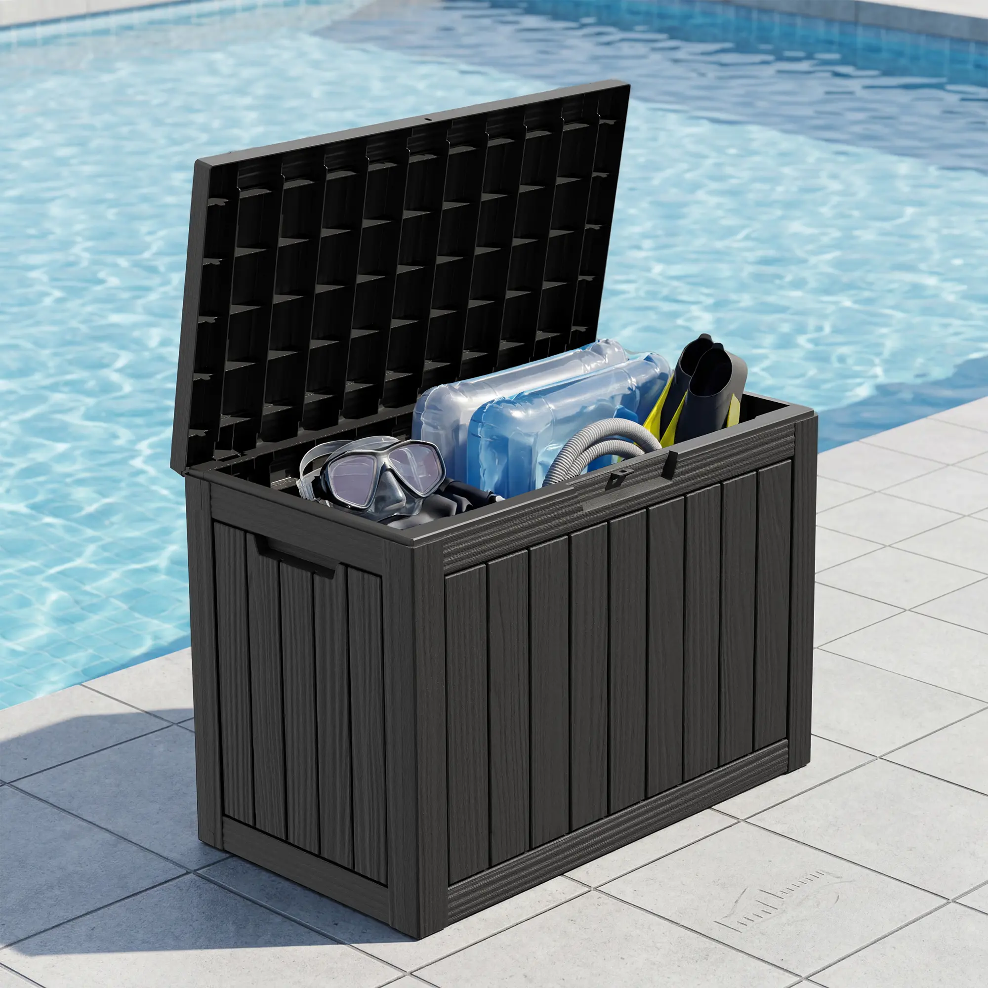 50 Gal Resin Deck Storage Box - Weatherproof, UV-Resistant Multi-Purpose Patio Bench Chest, Lockable Outdoor Storage Bin with Seating Support, for Pool, Balcony, Indoor Use, Black