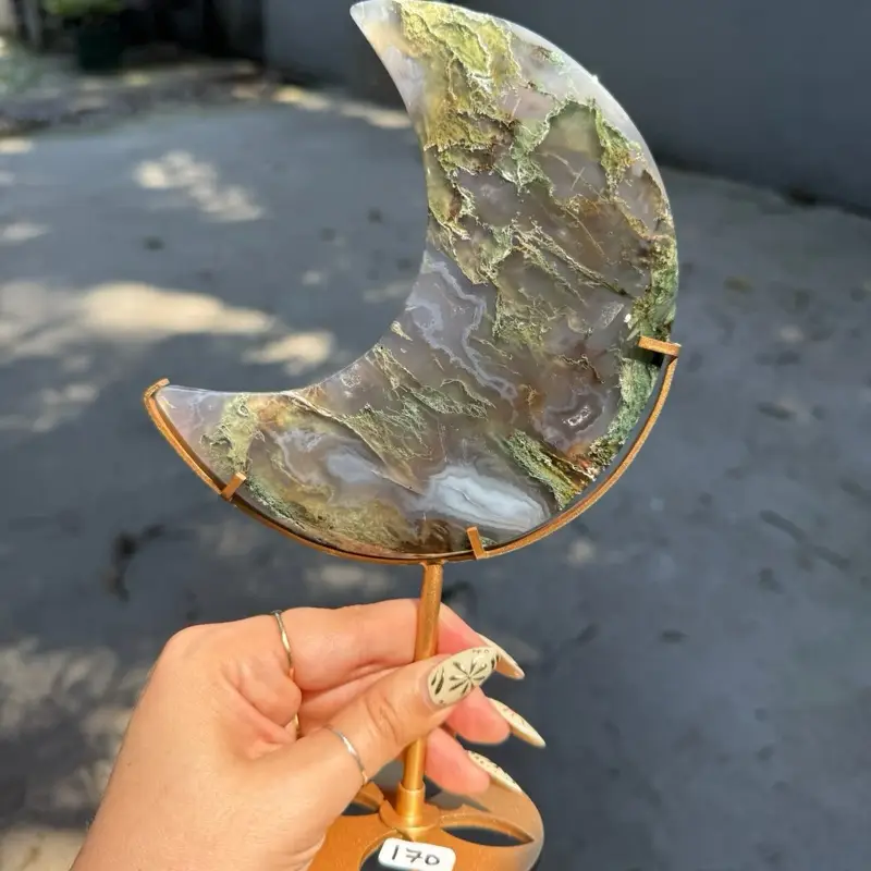 Moss Agate Moon on Stand - Sapphire & Sage Energy Earthy Greens