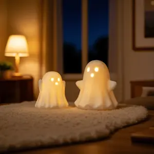 2pcs Ceramic Ghosts, Glowing Halloween Decorations, Button Battery Operated, Home Gift Idea, Spooky Holiday Ornaments