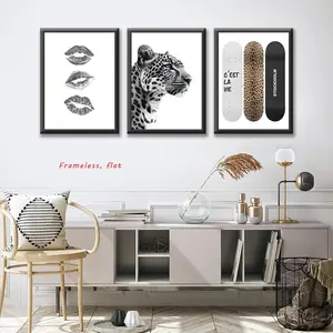 3-Piece Set / Stockholm Style, Modern Minimalist Design, Black & White Fashion Leopard Print Lip Print Design, Academic Room Aesthetic Artwork Cheetah-Themed Wall Decor Suitable for Girls' Bedrooms, Apartments, Birthday Gifts Frameless Wall Art
