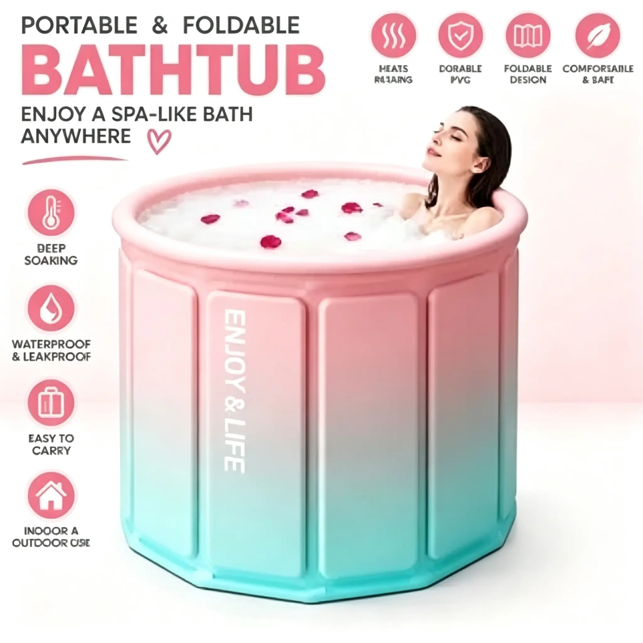 Portable Foldable PVC Bathtub for Adults, Large Deep Soaking Collapsible Tub, Indoor Home Spa & Outdoor Camping Travel Hot Bath Bucket for Post-Workout Recovery Relaxation