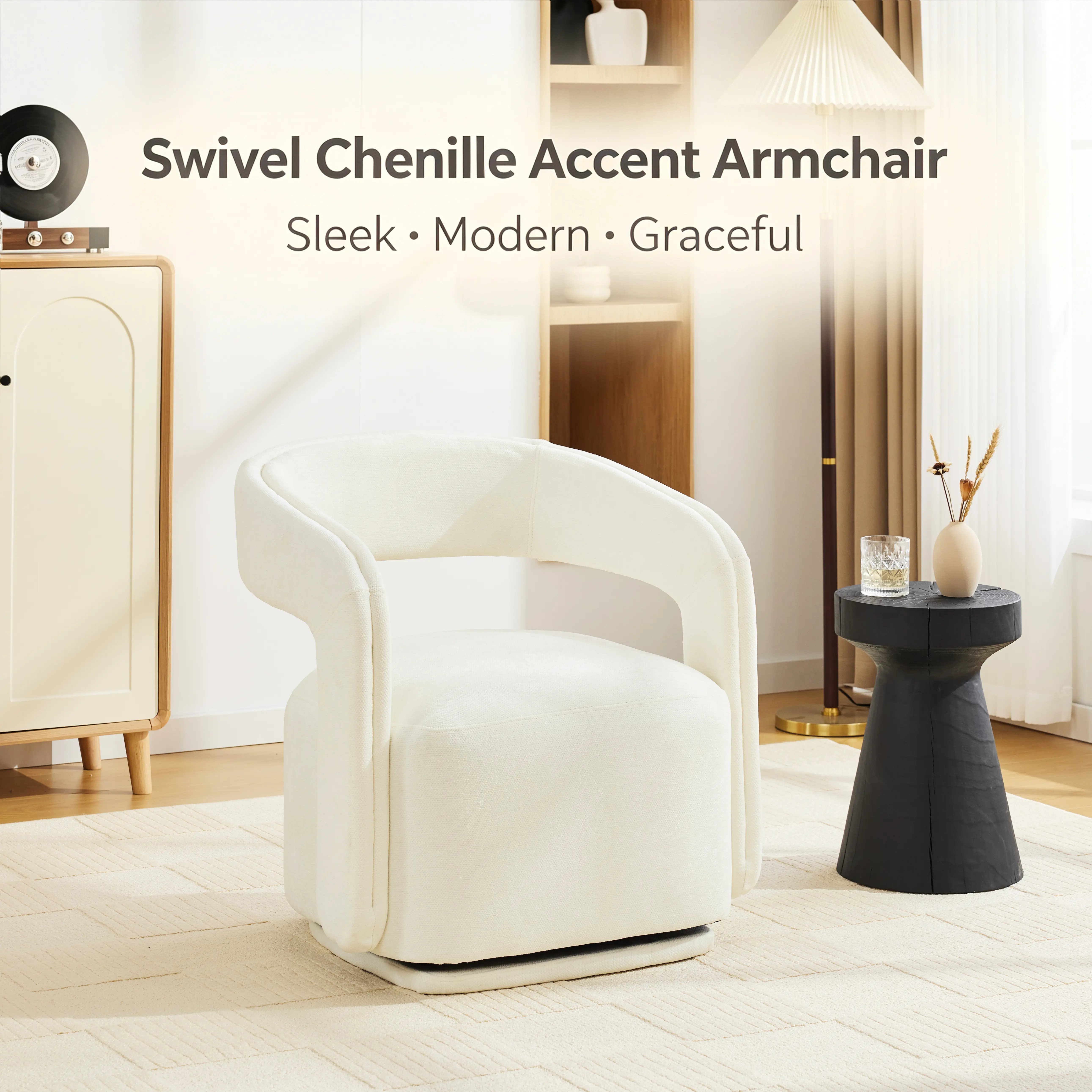 Classic 1-Piece Fixed Swivel Chenille Accent Armchair, Comfy Barrel Reading Chair with 360° Rotation & Ergonomic Backrest, 250lb Capacity White Boucle Upholstered Fabric Chair for Living Room, Small Spaces