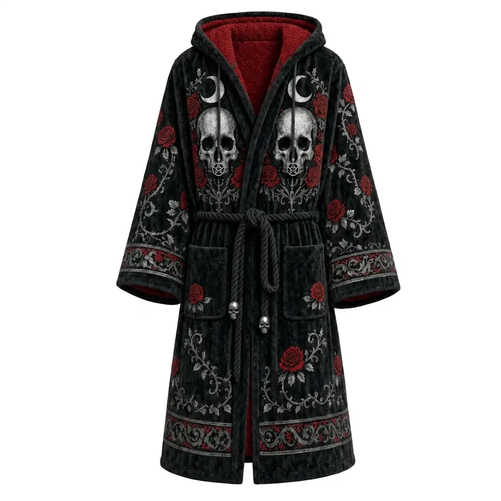 Gothic Skull Rose Hooded Bathrobe, Dark Occult Fleece Loungewear Robe, Wiccan Crescent Moon Pentagram Nightwear, Soft Warm Plush Housecoat With Pockets, Cozy Witchy Kimono Pajama Dressing Gown, Alternative Aesthetic Gift For Women Men