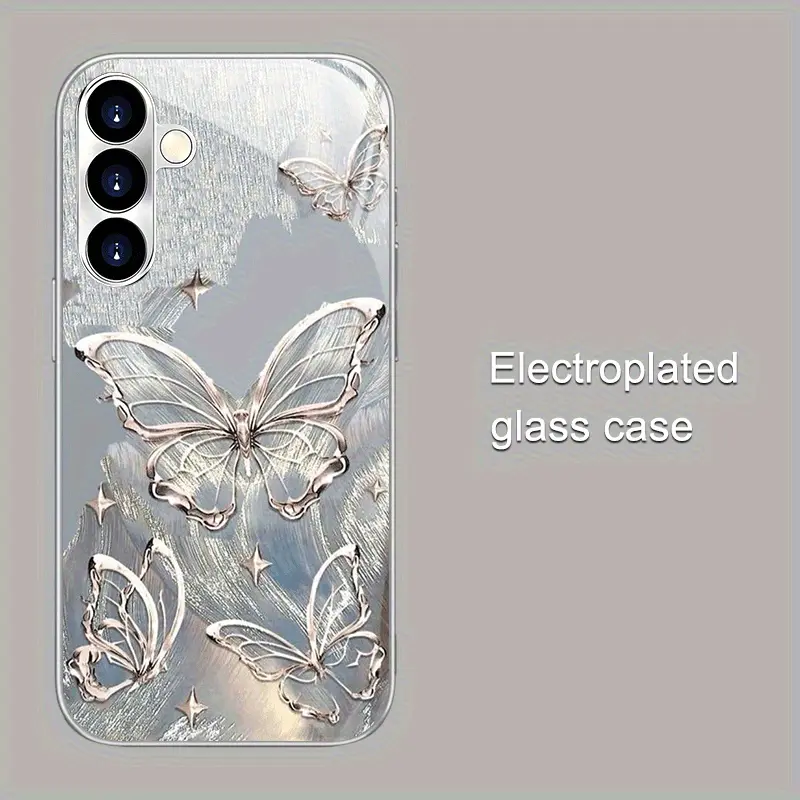 Trendy Protective Smartphone Casing, High-End Fashion Liquid Sand Star Butterfly Plated Silver Tempered Glass Cellphone Case, Handheld Device Accessories for Samsung Galaxy S20-S25 Protection Shockproof