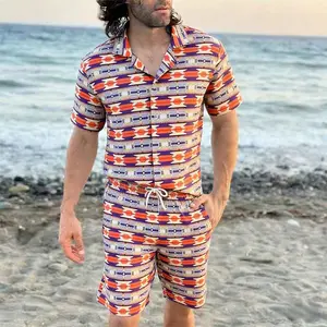 Men's summer beach suit, short-sleeved shirt and shorts, made of premium polyester and spandex fabric, suitable for vacation and casual wear.