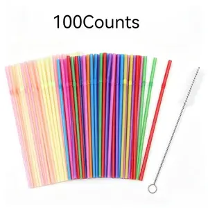 Reusable Plastic Straws 100 Pack with Cleaning Brush, Bendable Colorful Straws for Cold Drinks, Smoothie, Cocktail, Home Bar Party, Eco-Friendly