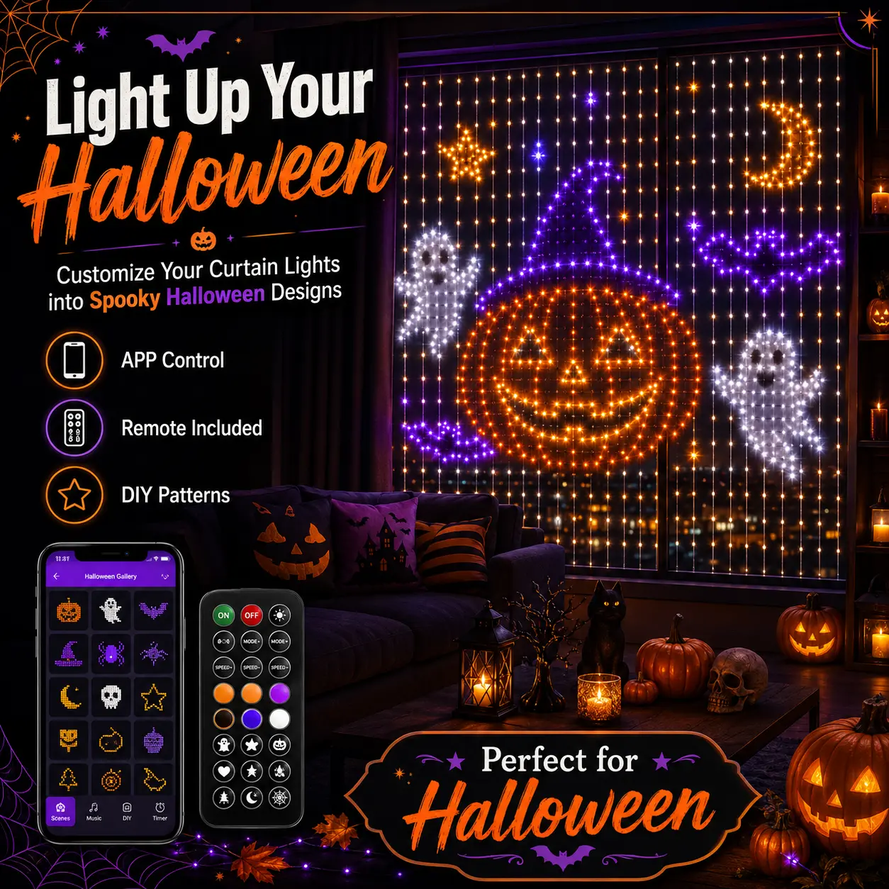 Smart RGB Curtain Lights, LED Pixel Curtain String Lights with App Control, DIY Text Display, Dynamic Graffiti Effects & Music Sync, USB Powered Fairy Lights for Bedroom, Halloween, Christmas, Holiday Party & Home Decor