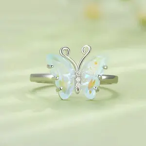 Platinum 925 Sterling Silver Delicate Rainbow Crystal Butterfly Ring (Size 6-8)