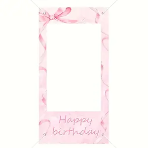 Sweet Pink Bow Happy Birthday Party Photo Booth Prop - Durable Polyester Fiber Birthday Photo Background Banner, Universal Frame for Birthday Parties and Celebration Decoration