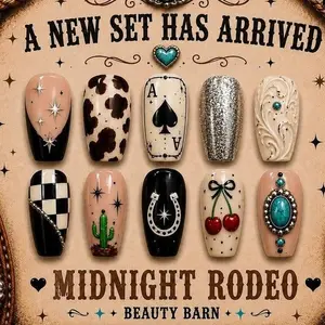 Cowgirl Press On Nails 3D Western Glam Cow Card Rodeo Turquoise Y2k