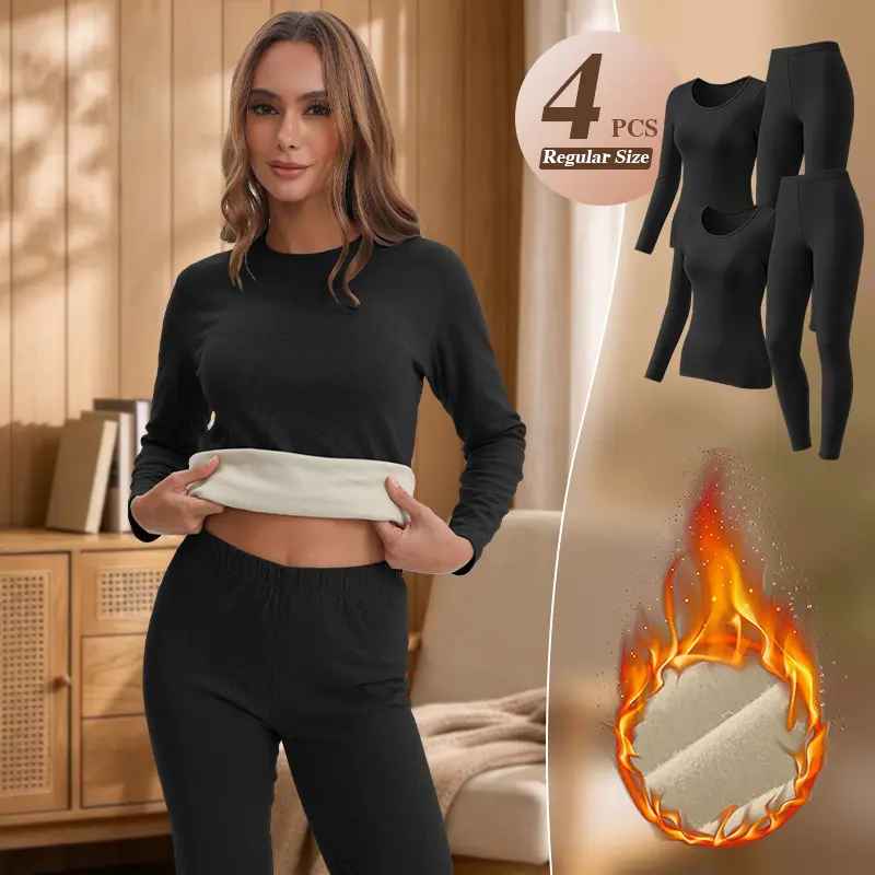 TELALEO 2/4 PCS Women's High Stretch Thermal Base Layer Set, Crew Neck Long Sleeve Top & Long Johns, Soft Stretchy Fitted Winter Thermals, Ladies Cold‑Weather Layering Loungewear Sleep Underwear for Indoor Outdoor Daily Wear