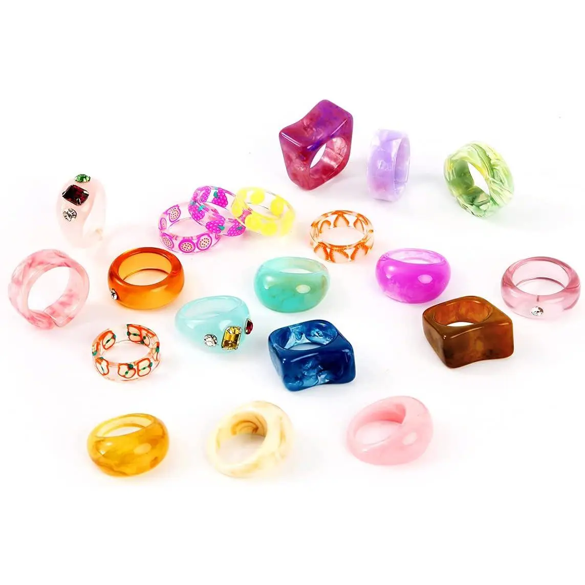 X-GRW01 20 Pcs Acrylic Cute Trendy Colorful Rhinestone Stackable Chunky Rings for Women