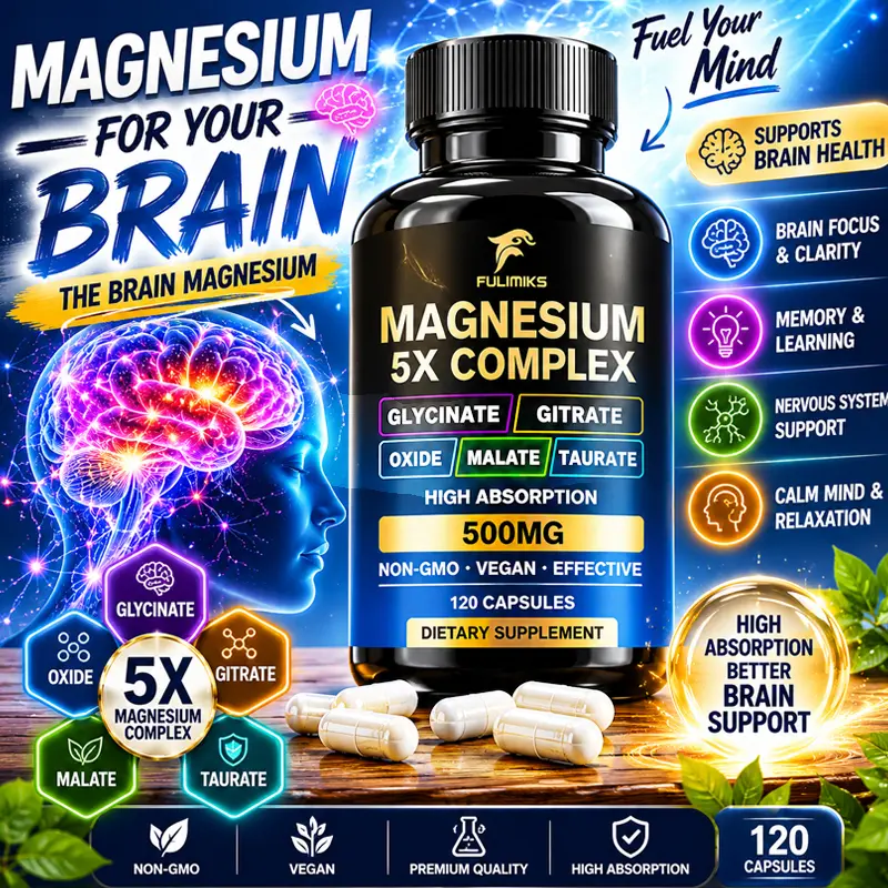 FULIMIKS Magnesium 5X Complex 500mg, High Absorption Magnesium Supplement with Glycinate, Citrate, Malate, Taurate & Oxide, Vegan Chelated Magnesium for Sleep, Muscle, Nerve & Heart Health, 120 Capsules