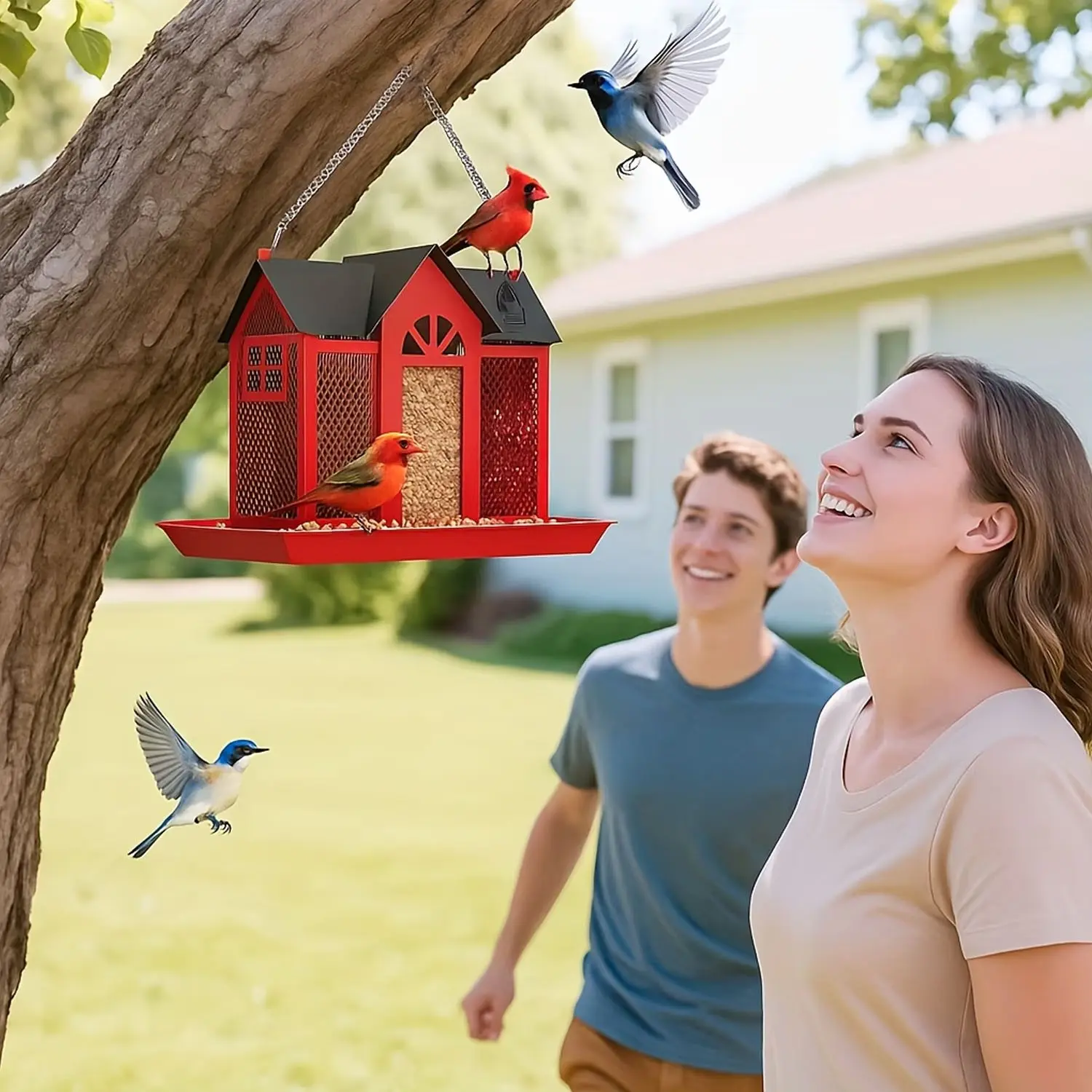 Creative Swing Metal Bird Feeder House, Garden Hummingbird Squirrel Feeder, Outdoor Hanging Decor, Yard Animal Food Dispenser