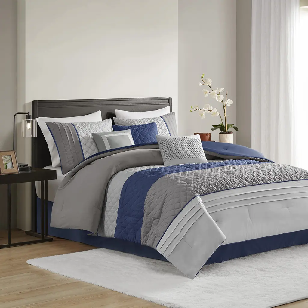 7 Piece Color Block Stripe Comforter Set with Throw Pillows, Jenson