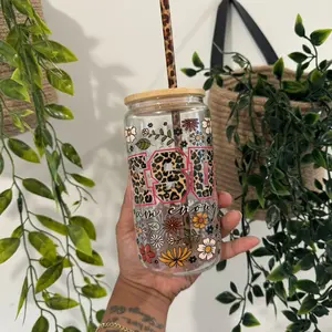 Jesus I am Enough Bambo Glass Can with Floral Leopard Print Design and Bamboo Lid