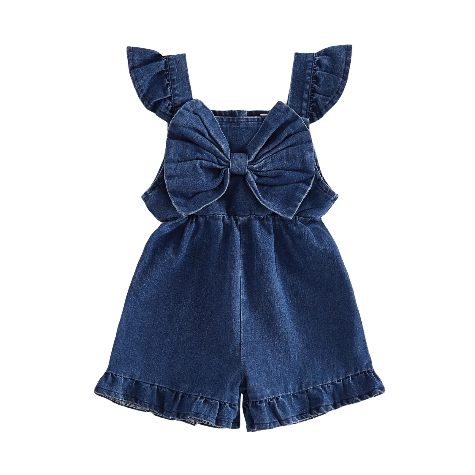 Toddler Baby Little Girls Summer Denim Overalls Flying Sleeve Square Neck Big Bow Pants Jumpsuit Jeans Flared Pants 6M-5T