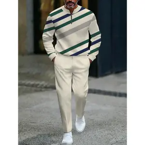 2-piece set, New European and American men's long sleeved zipper small stand up collar fashionable sportswear set, long sleeved sportswear and drawstring pants casual set, suitable for any holiday gift